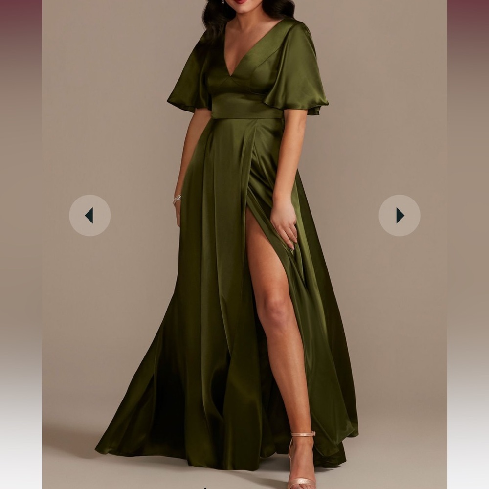 Martini olive charmeuse flutter sleeve bridesmaid dress